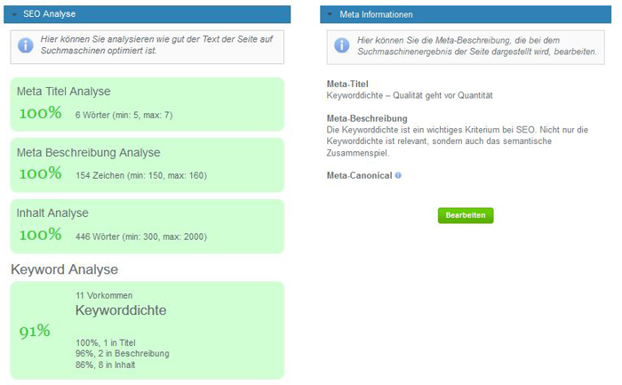 SEO Analyse und Meta Informationen auf einem Blick